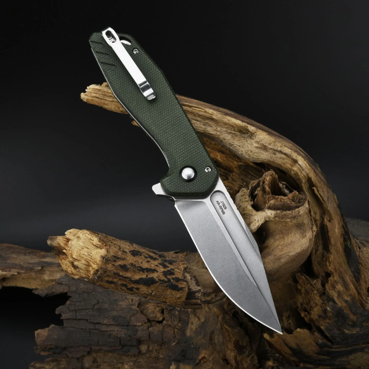 CJRB KNIVES  RIFF, AR-RPM9 STONEWASHED POWDER STEEL BLADE  AND GREEN MICARTA HANDLE  - 5